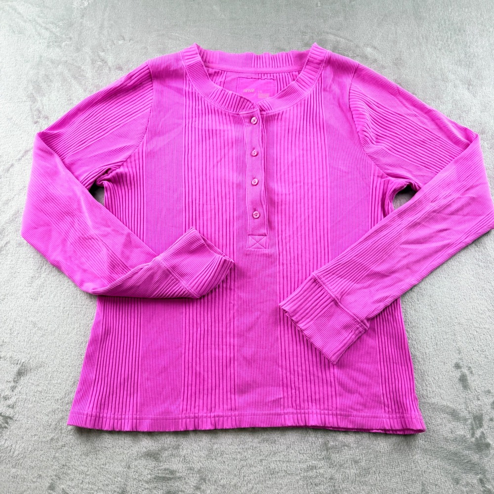Aerie Women's Large Ribbed Henley Top Pink Long Sleeve Button Front